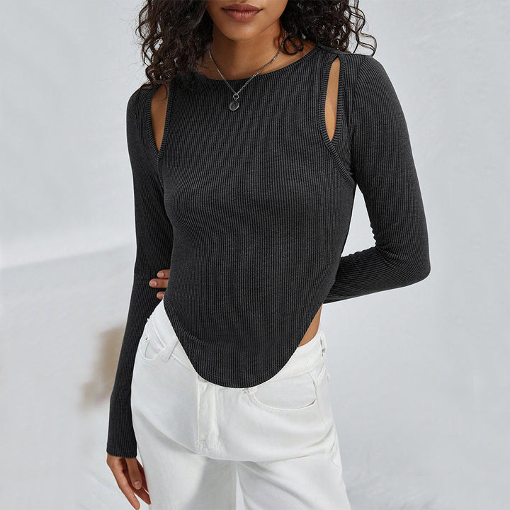 Damen geripptes Langarmshirt mit Cut-Out-Schultern und asymmetrischem Saum Drune