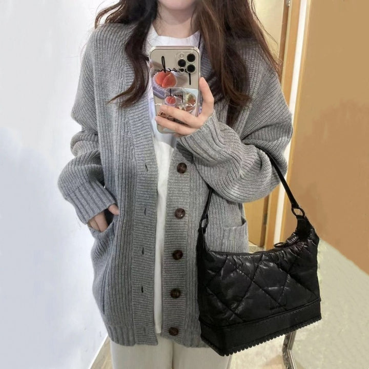 Damen Kuschelige Strickjacke mit großen Taschen und Knopfdetail Drune
