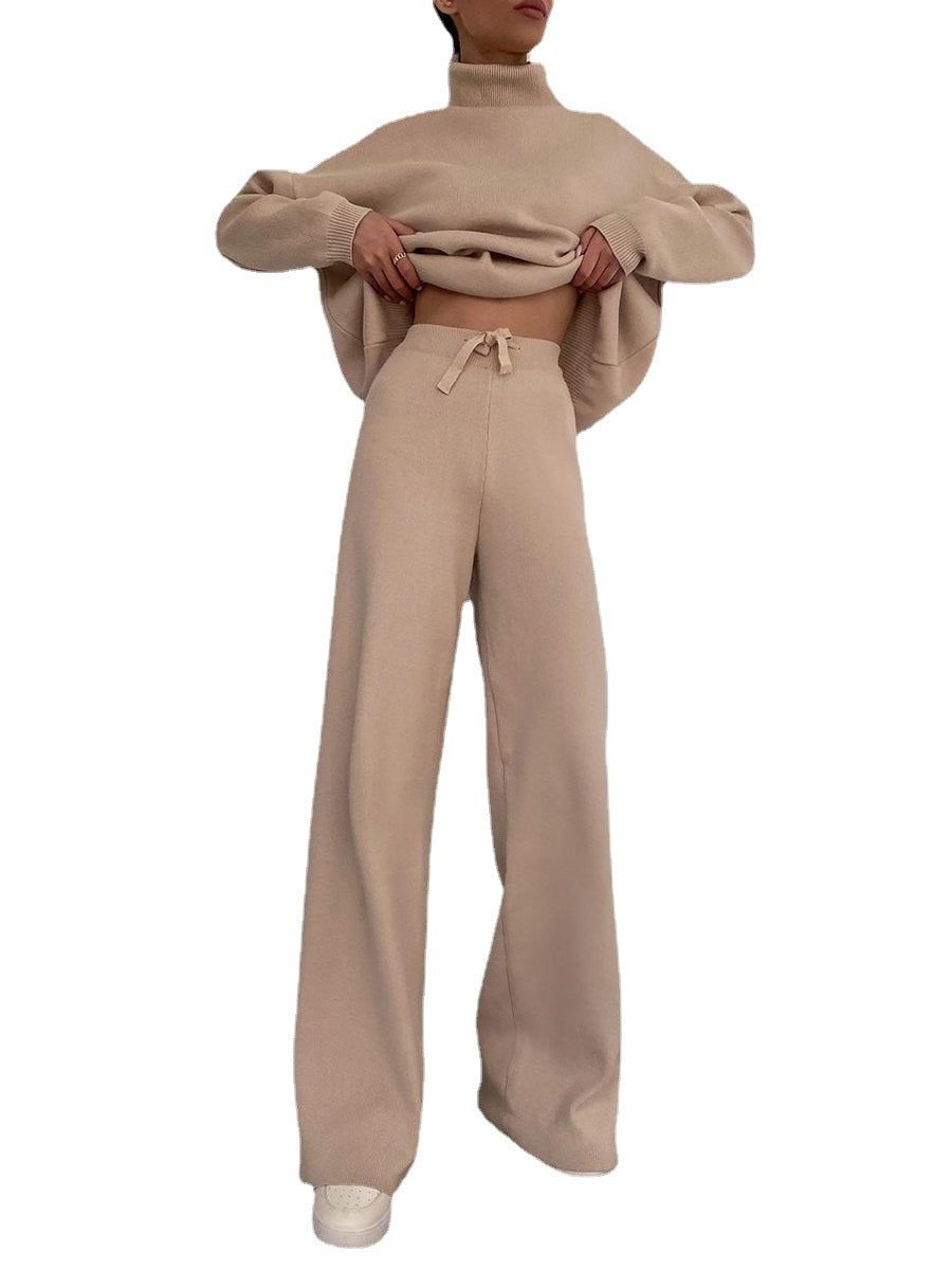 Damen Weite Strickhose mit hoher Taille, Tunnelzug und weitem Bein Drune