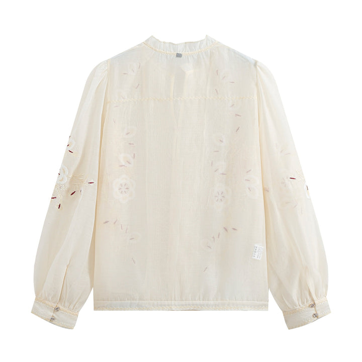 Damen Gestickte Vintage‑Bluse mit Biesen, Stehkragen und Ballonärmeln Drune