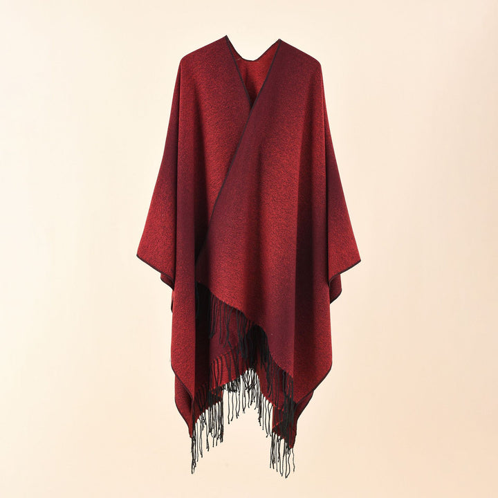 Damen Cape-Poncho aus leichtem Glanzstrick mit Ombre-Effekt und Fransensaum Drune