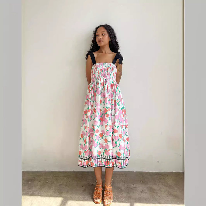 Damen Maxikleid mit floralem Print und elastischem Oberteil Drune