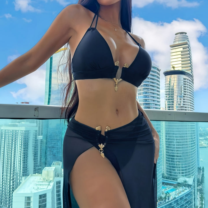 Damen Bikini-Set mit eleganter Wickelrock-Optik und verstellbaren Trägern Drune