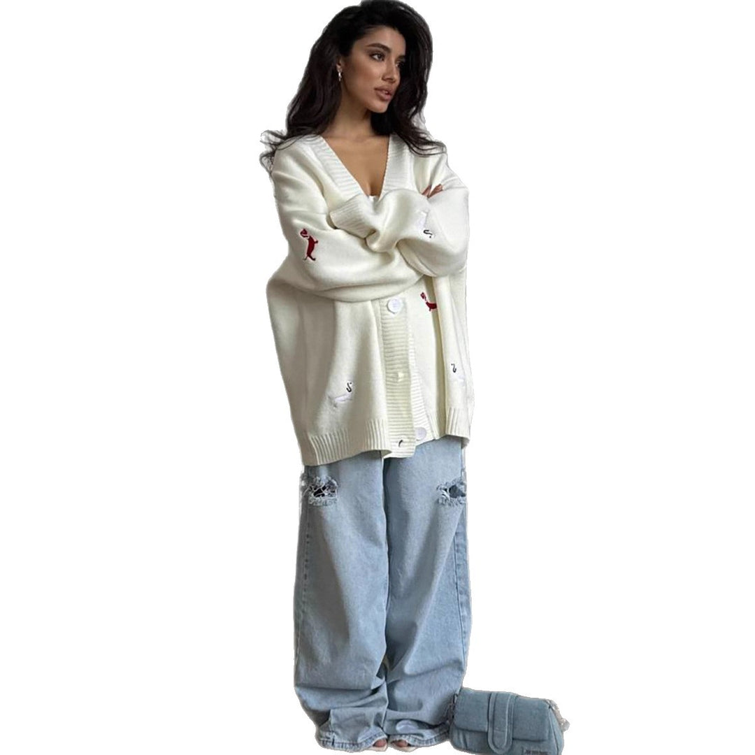 Damen Oversized Strickcardigan mit gestickten Dackelmotiven Drune