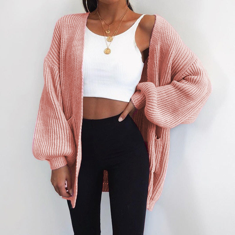 Damen Grobstrickcardigan mit balloonförmigen Ärmeln und offenen Taschen Drune