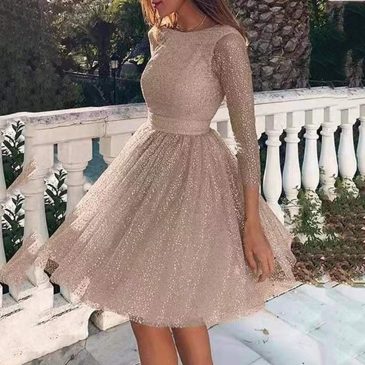 Damen Glitzerndes Tüllkleid mit langen Ärmeln und schwingendem Rock Drune