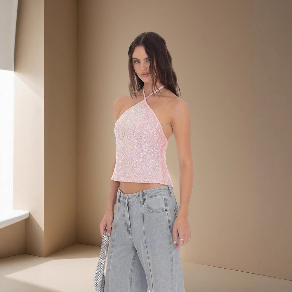Damen Glitzerndes Crop-Top mit schmalen Trägern und asymmetrischem Design Drune