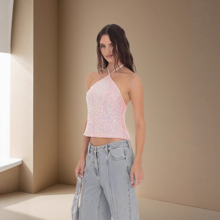 Damen Glitzerndes Crop-Top mit schmalen Trägern und asymmetrischem Design Drune