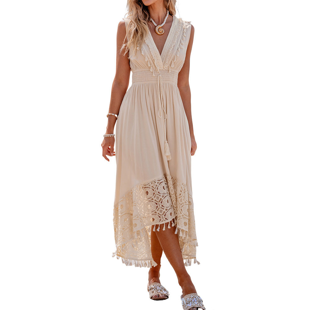 Damen Bohemian Maxikleid mit Spitzen- und Rüschendetails Drune