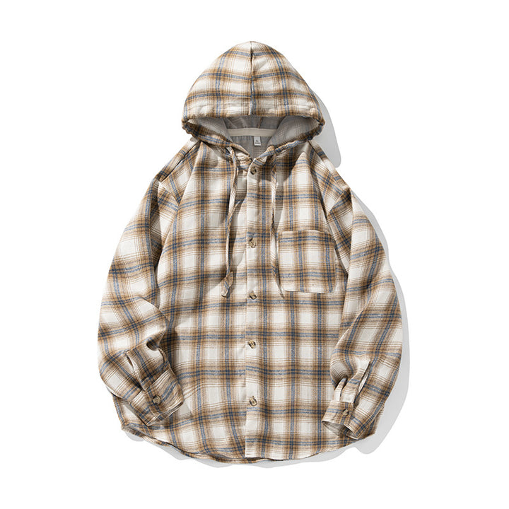 Unisex Oversize Kapuzenflanellhemd mit Karomuster, durchgehender Knopfleiste und Brusttasche Drune
