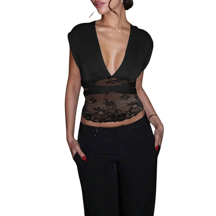 Damen elegantes Oberteil mit tiefem V-Ausschnitt und feinen Spitzendetails Drune