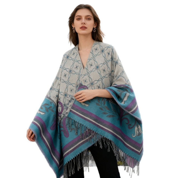 Damen Jacquard-Wendecape mit V-Ausschnitt, floraler Bordüre und Fransensaum Drune