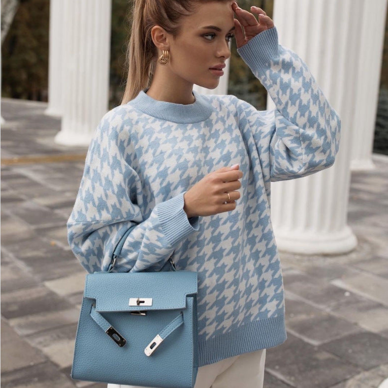 Damen Oversized Strickpullover mit modernem Hahnentrittmuster und lässigem Schnitt Drune