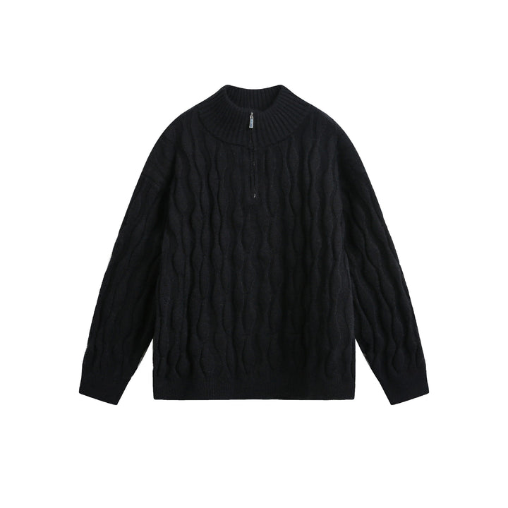 Unisex Grobgestrickter Halfzip-Pullover mit Zopfmuster und Stehkragen Drune