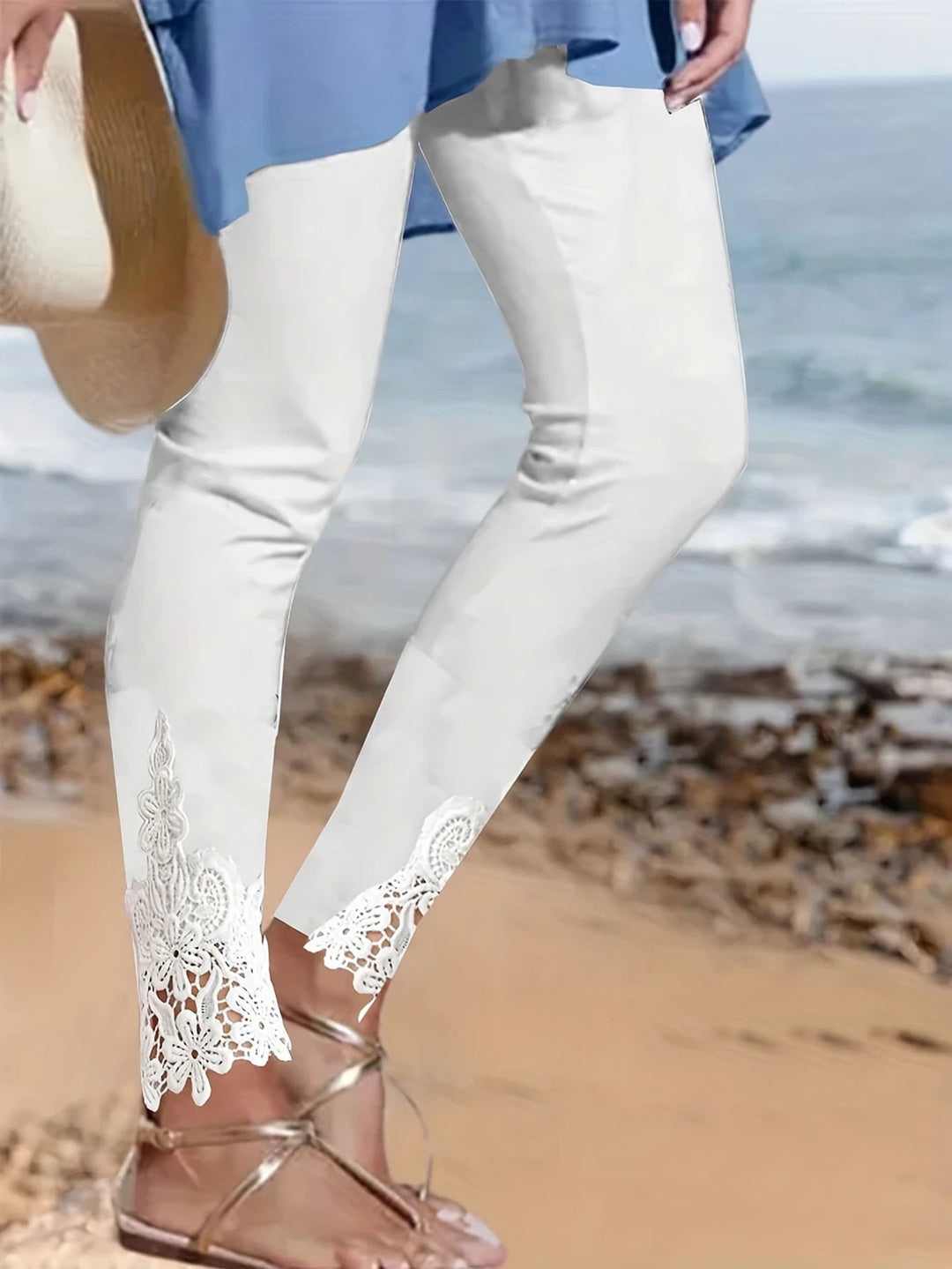 Damen Leggings mit spitzenbesetztem Saum und elastischem Bund Drune