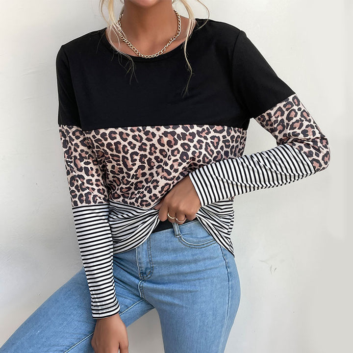 Damen Colorblock-Langarmtop mit Leoparden- und Streifenmix Drune