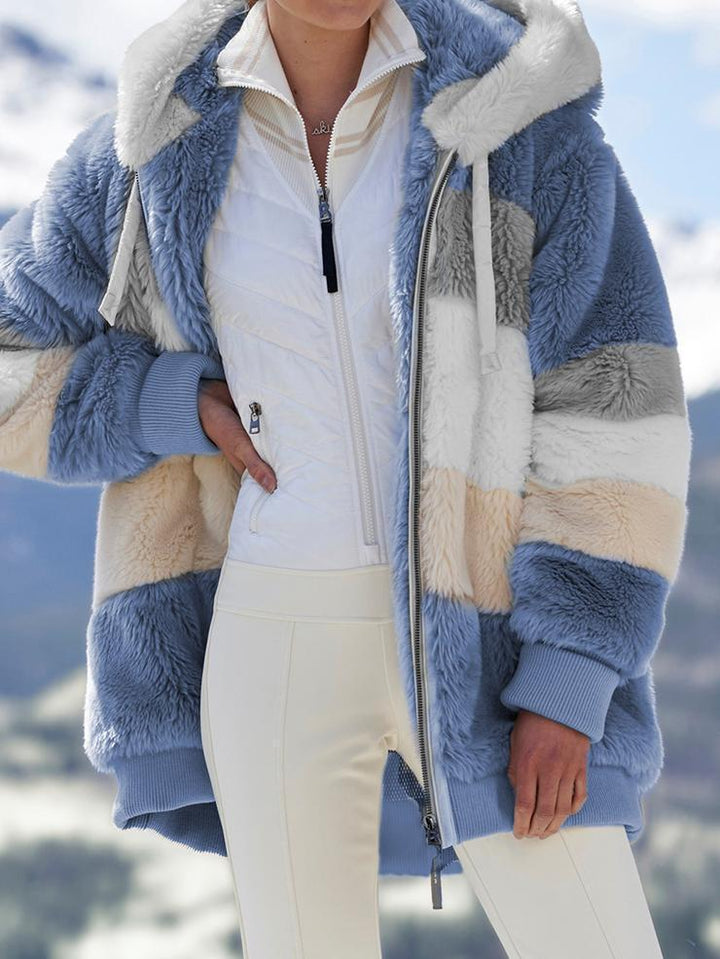 Damen nan oversized gefütterte Kunstfelljacke mit Kapuze, Blockstreifen und gerippten Bündchen Drune