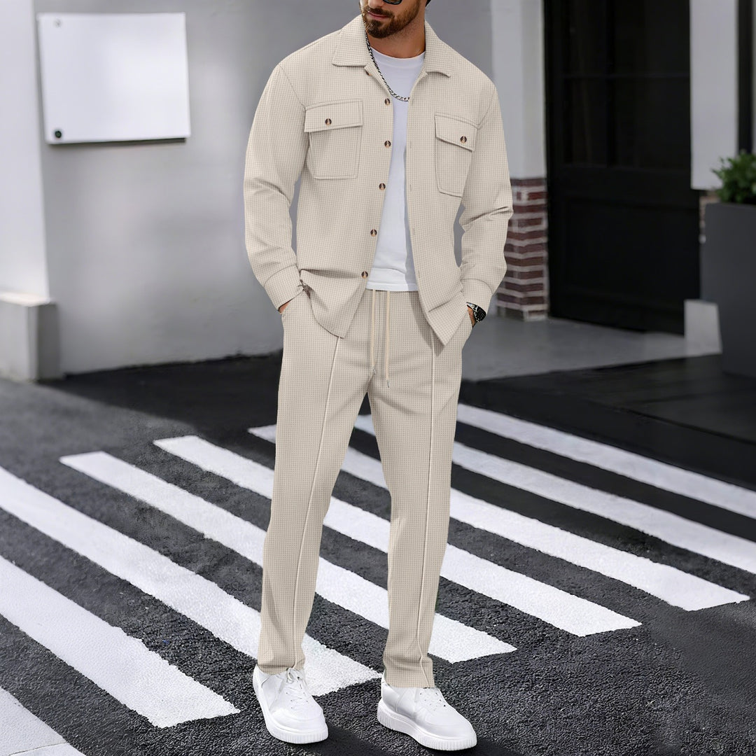 Herren Waffelstruktur Hemdjacke und Relaxhose Set Drune
