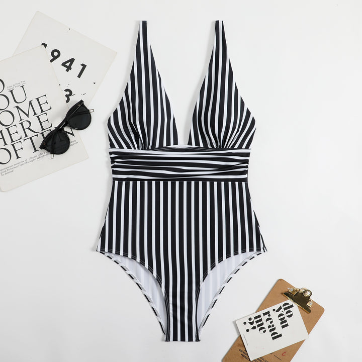 Damen Eleganter V-Ausschnitt Einteiler mit gestreiftem Design Drune