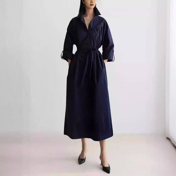 Damen Langärmliges Hemdblusen‑Maxikleid mit strukturierter Schulterpasse und Bindegürtel Drune