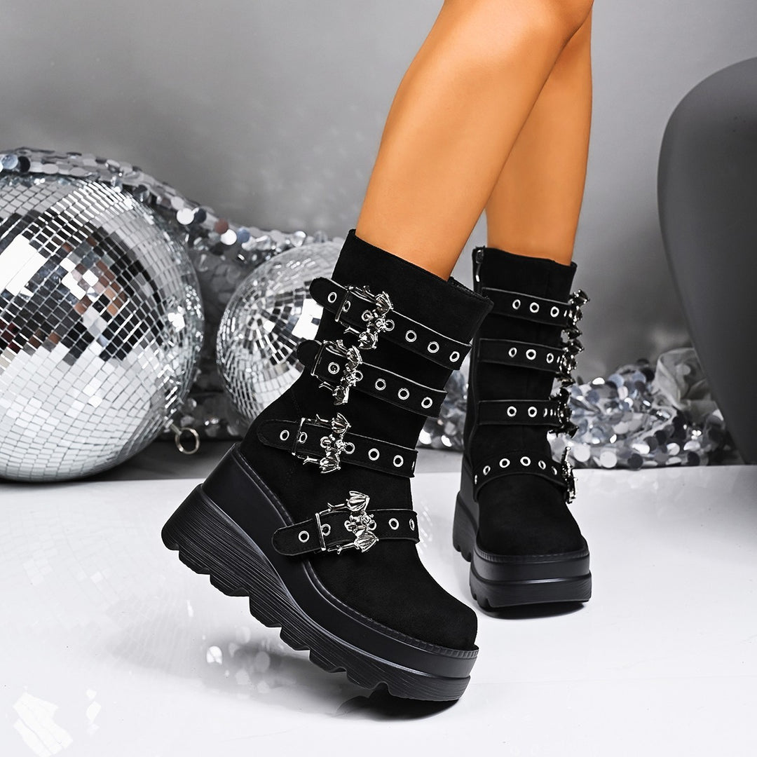 Damen Wedge-Stiefeletten mit modischen Schnallen und rutschfester Sohle Drune