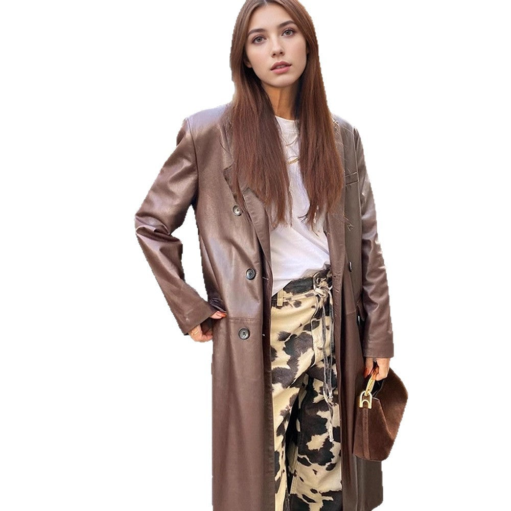 Damen langer Lederimitatmantel mit doppelreihiger Knopfleiste und Oversize-Schnitt Drune