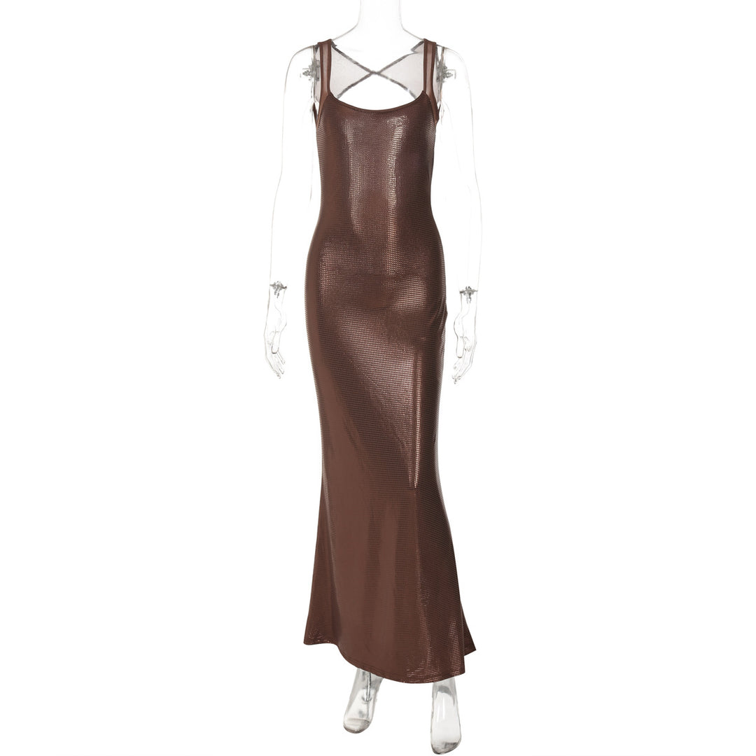 Damen Elegantes Maxikleid mit verführerischem Kreuzträger und schimmerndem Obermaterial Drune