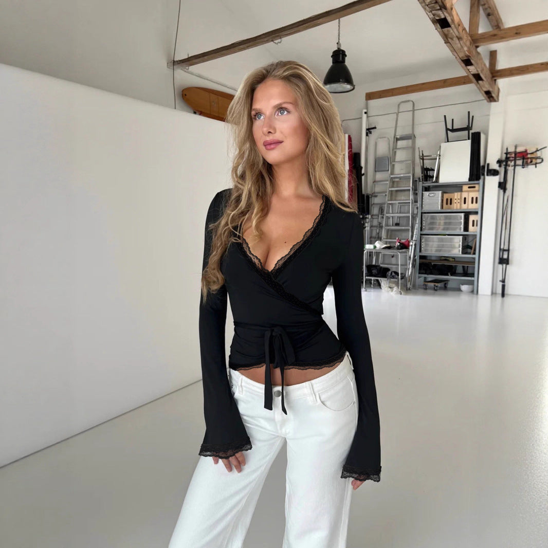 Damen Wickeloberteil mit eleganter Spitzenborte Drune
