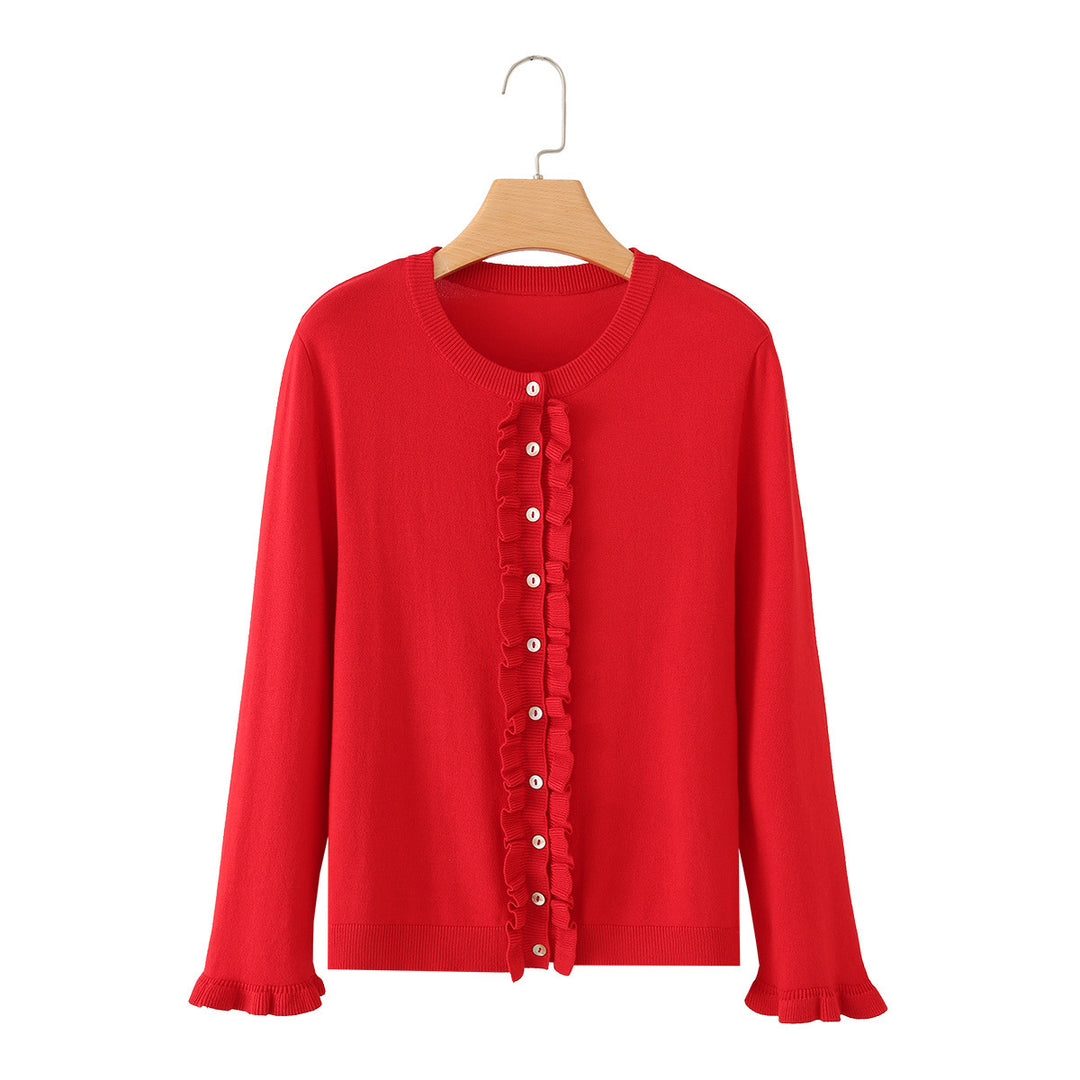 Damen Feinstrick-Cardigan mit Rüschenfront und Volantärmeln Drune
