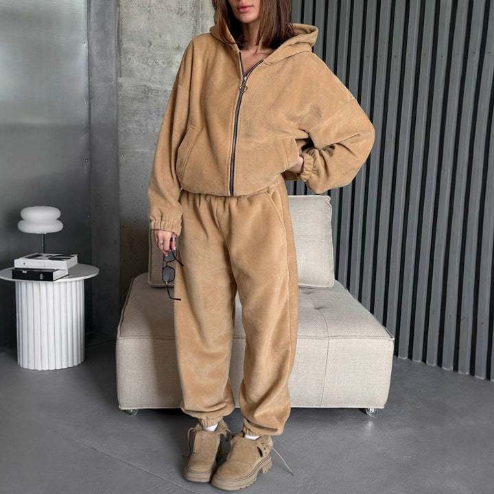 Damen Plüsch-Loungewear-Set mit Reißverschluss-Kapuzenjacke und taillenhoher Jogginghose Drune