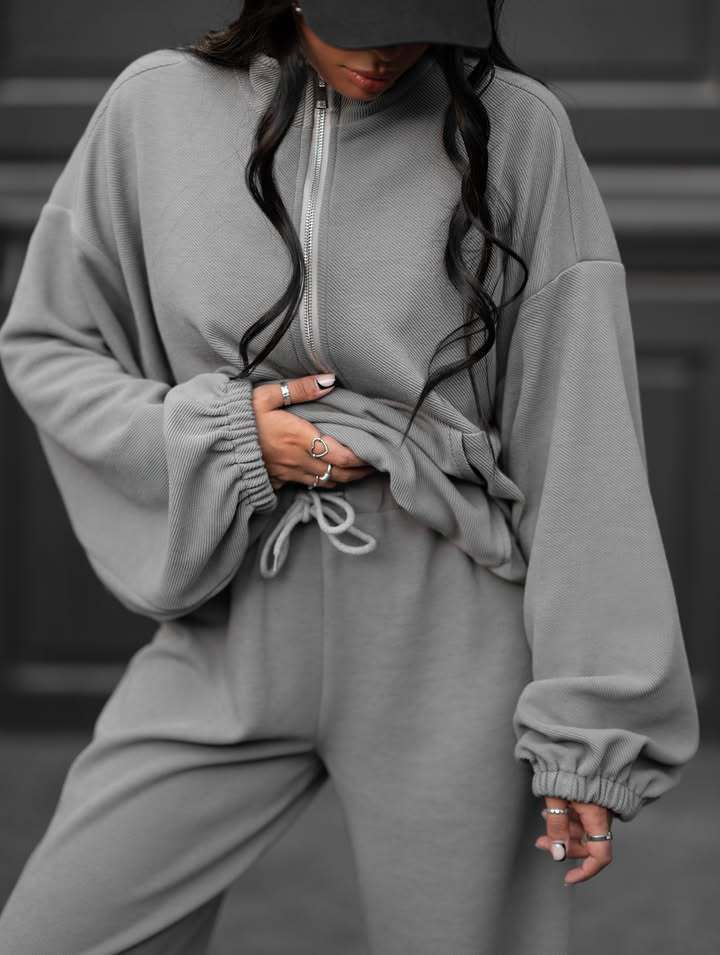Damen lässiger Sweat-Anzug mit hohem Kragen und elastischen Ärmeln Drune