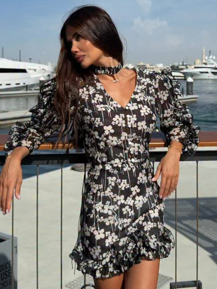 Damen Kurzes Chiffon-Wickelkleid mit V-Ausschnitt, Rüschen und Voluminösen Ärmeln Drune