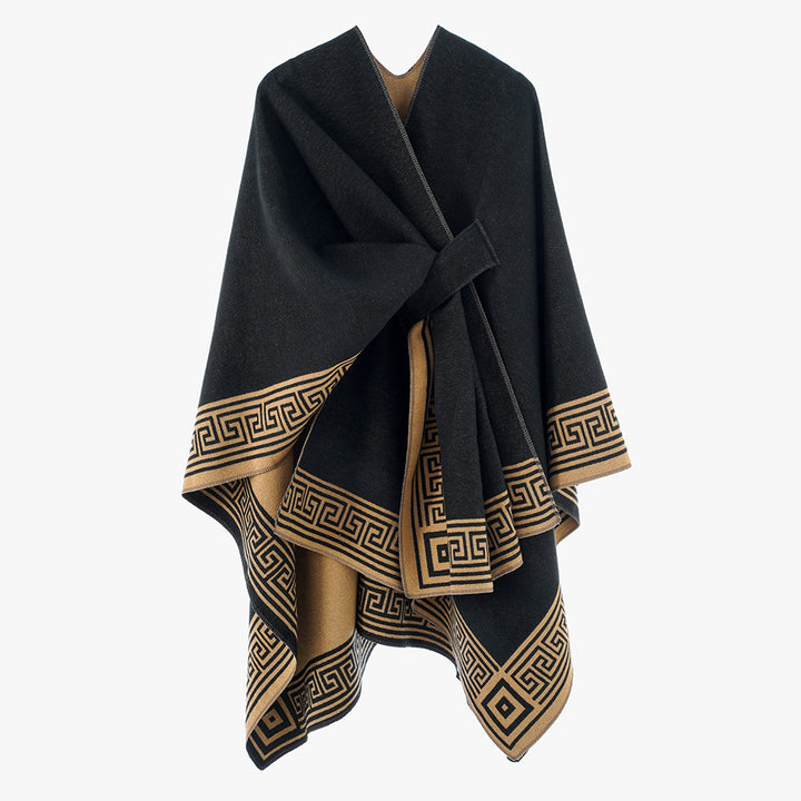 Damen Cape-Umhang aus Wollmix, reversibel mit Bindegürtel und Mäanderbordüre Drune
