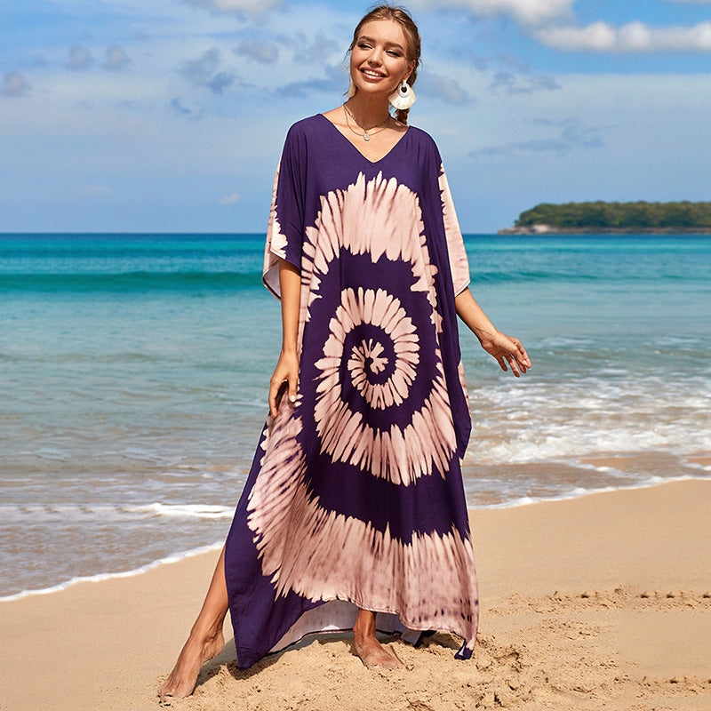 Damen Strandkleid mit buntem Batikdesign und weit geschnittenen Ärmeln Drune