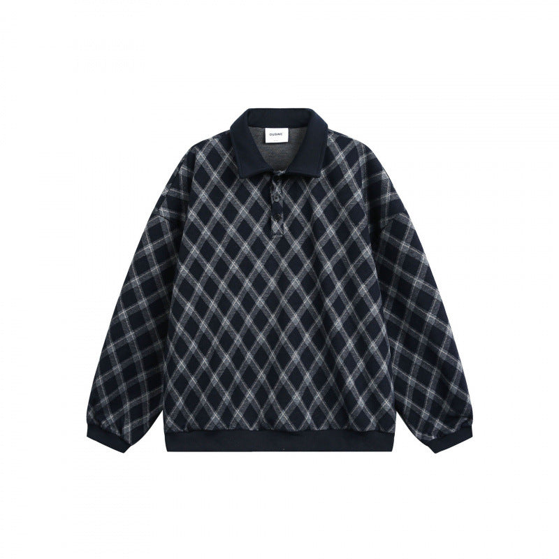 Unisex Oversize Polo-Halbzip-Pullover mit Argyle-Struktur Drune