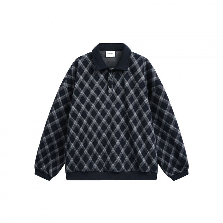 Unisex Oversize Polo-Halbzip-Pullover mit Argyle-Struktur Drune