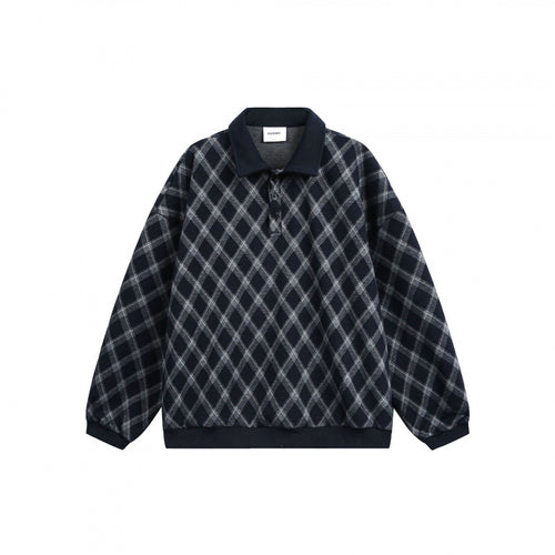 Unisex Oversize Polo-Halbzip-Pullover mit Argyle-Struktur Drune