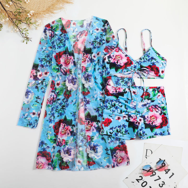 Damen Bikiniset mit floralem Oberteil und luftiger Wickeljacke Drune