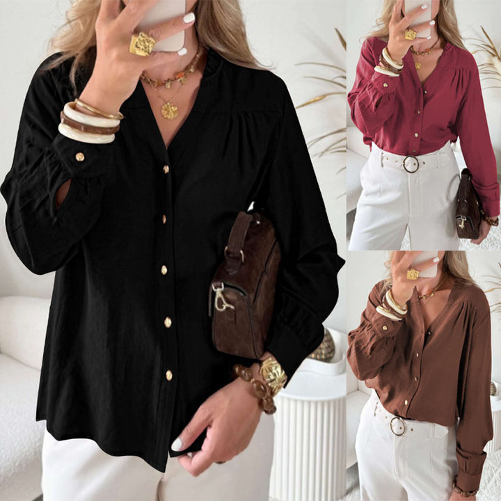Damen Bluse mit V‑Ausschnitt, geraffter Schulterpasse und Ballonärmeln Drune