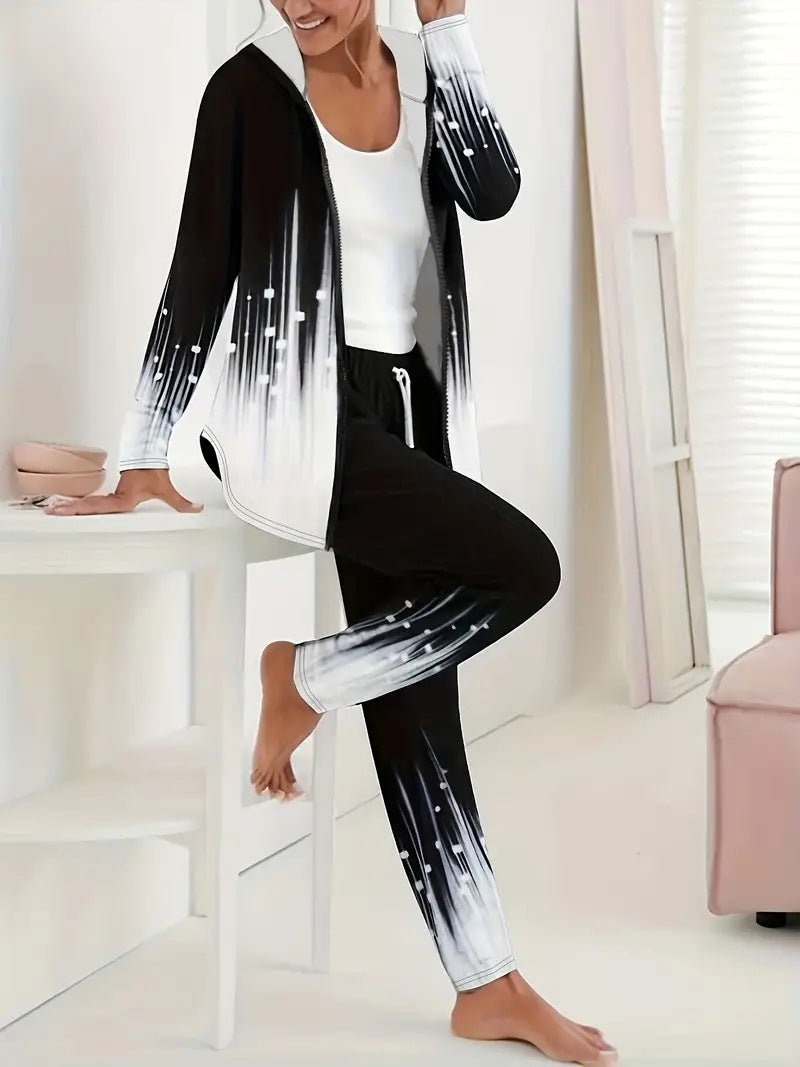 Damen Zweiteiliges Lounge-Set mit Kapuzenjacke und Tunnelzug-Jogginghose mit digitalem Verlaufprint Drune