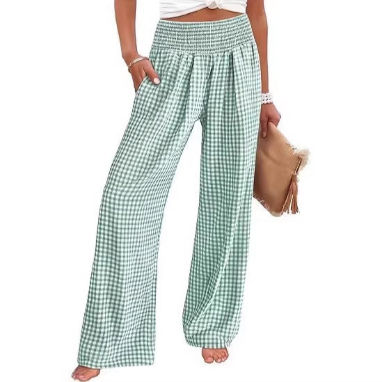 Damen Leichte Palazzo‑Hose mit Smokbund, weitem Bein und Karo‑Print Drune