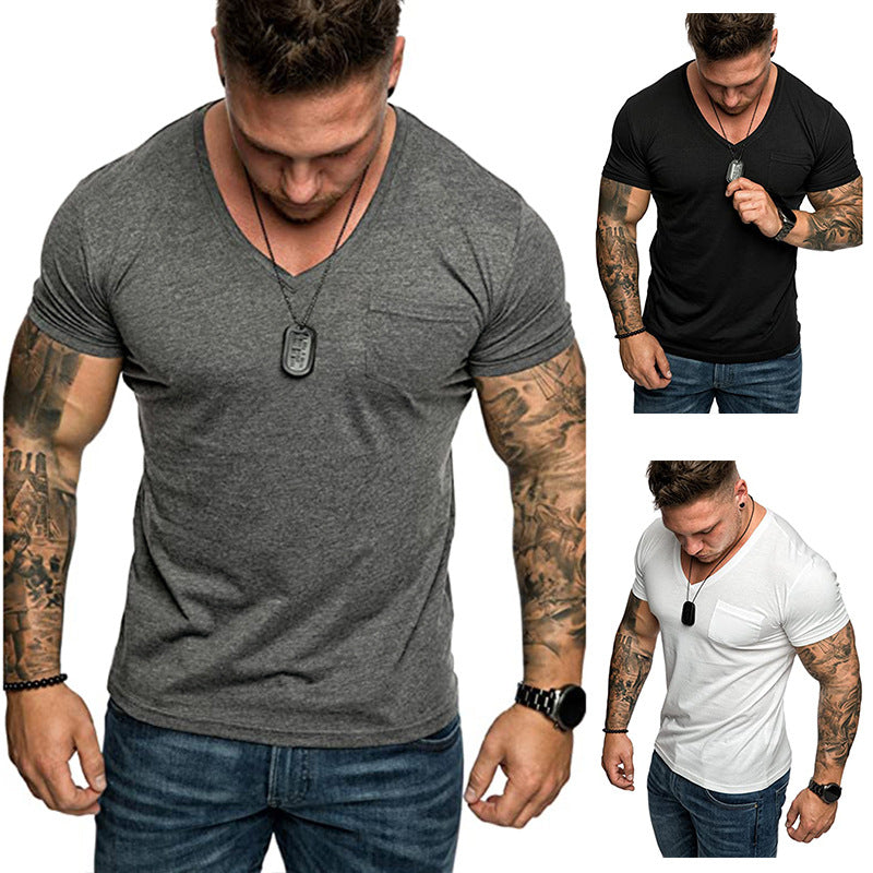 Herren V-Ausschnitt T-Shirt aus weicher Baumwolle mit Brusttasche Drune