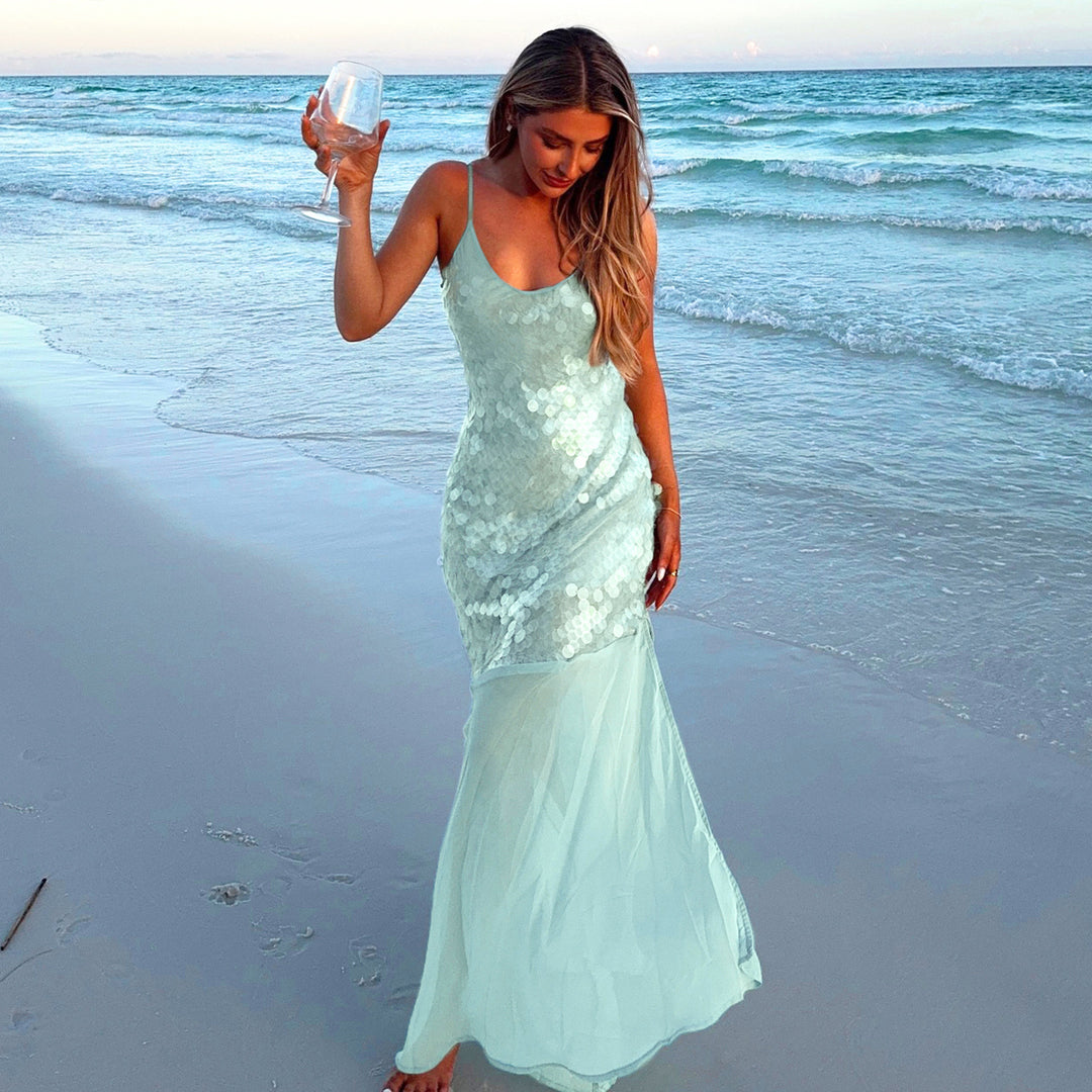 Damen Maxikleid mit glitzernden Pailletten und fließendem Rock Drune