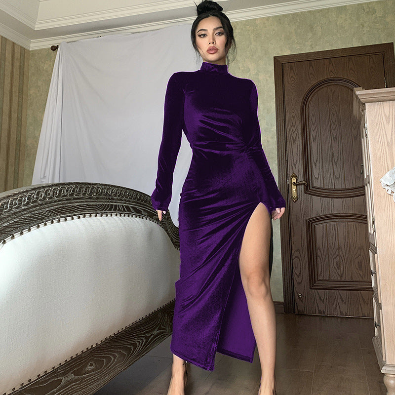 Damen Elegantes Samt-Maxi-Kleid mit hohem Schlitz und Stehkragen Drune