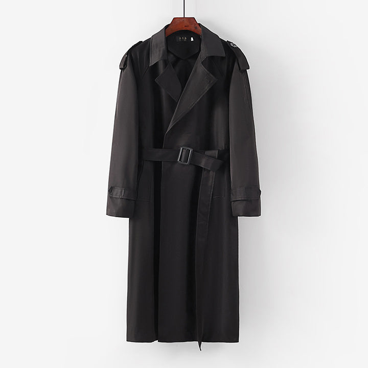 Unisex Langer minimalistischer Trenchcoat mit Gürtel und Schulterklappen Drune