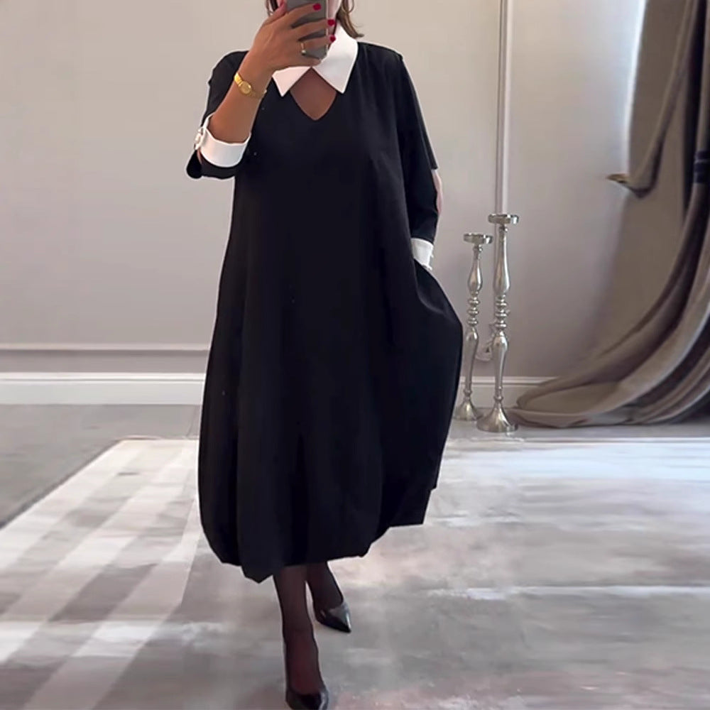 Damen nan kastiges Midikleid mit spitzem Kontrastkragen, Umschlagmanschetten, Eingrifftaschen und Ballon-Saum Drune