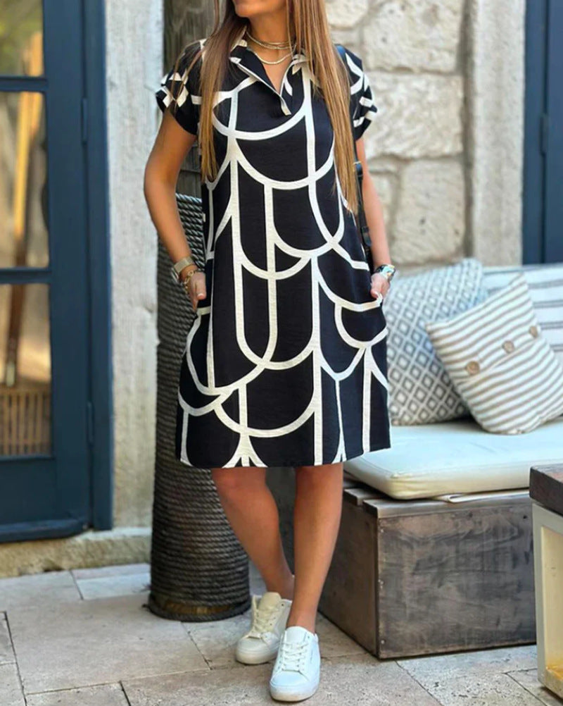 Damen nan legeres Hemdblusenkleid mit V-Ausschnitt, kurzen Umschlagärmeln und grafischem Alloverprint Drune