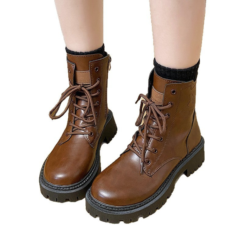 Damen nan knöchelhohe Combat-Boots in Lackoptik mit robuster Profilsohle und seitlichem Reißverschluss Drune