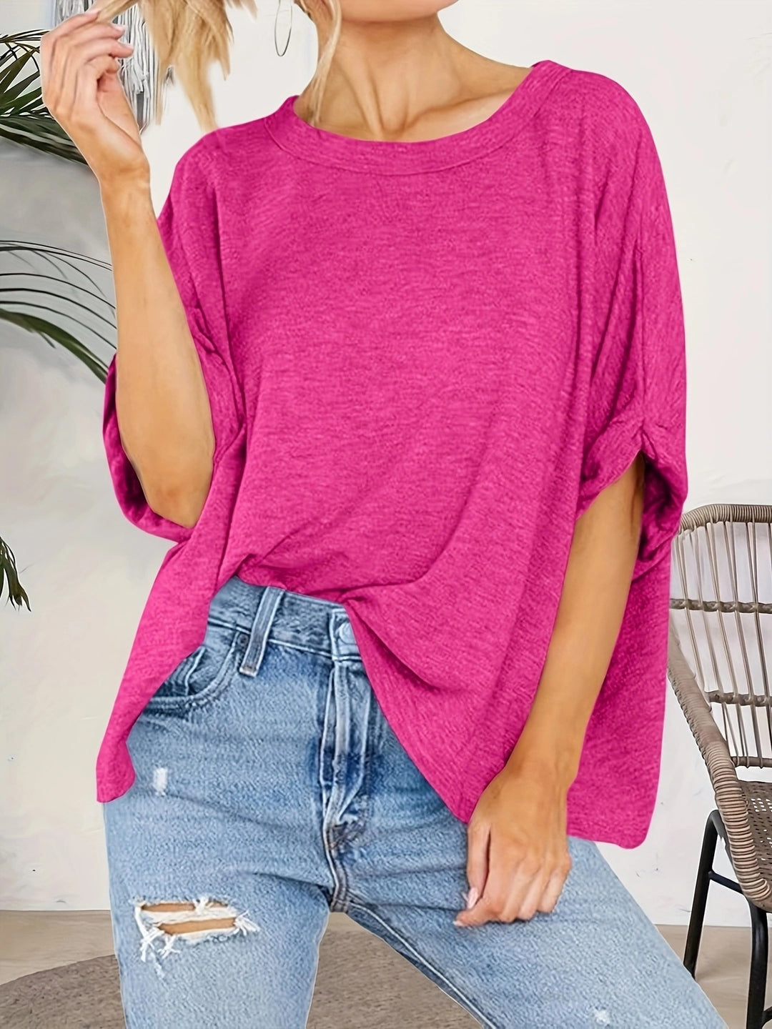 Damen Oversize-Longshirt mit weitem U-Boot-Ausschnitt und geknoteten Dreiviertelärmeln Drune