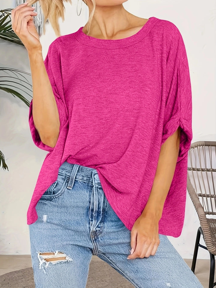 Damen Oversize-Longshirt mit weitem U-Boot-Ausschnitt und geknoteten Dreiviertelärmeln Drune